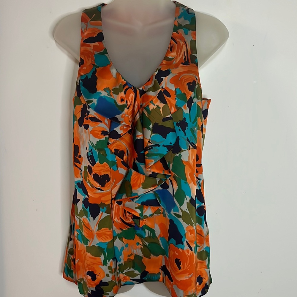 Gianni Bini Floral Ruffle Racerback Blouse Orange Blue XS Like New